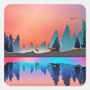Scenic Winter Lake with Deer Square Sticker