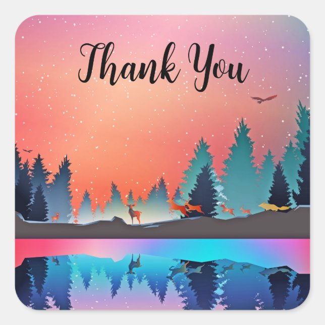 Scenic Winter Lake with Deer Thank You Square Sticker (Front)