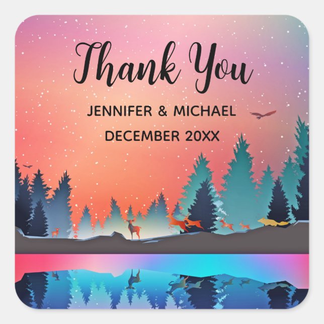  Scenic Winter Lake with Deer Thank You Square Sticker (Front)