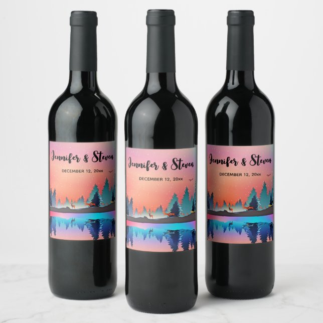 Scenic Winter Lake with Deer Wedding Wine Label (Bottles)