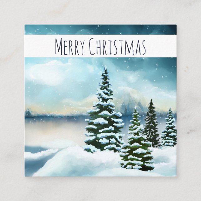 Scenic Winter Landscape Christmas Watercolor Square Business Card (Front)