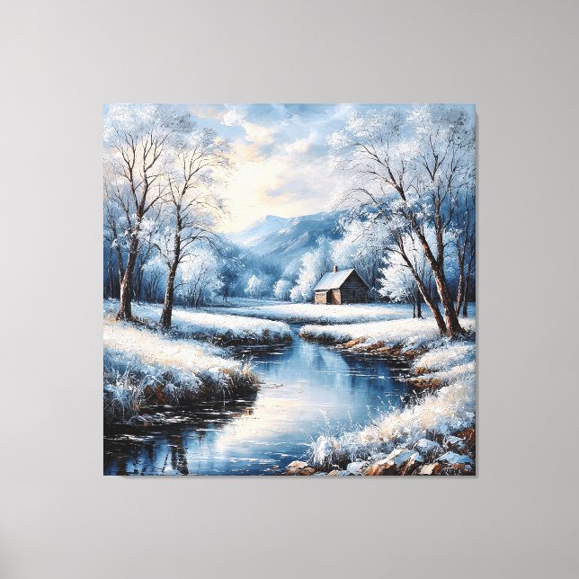 Scenic Winter Landscape Featuring Cabin and Stream Canvas Print (Front)
