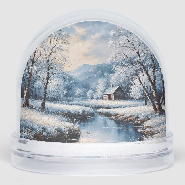 Scenic Winter Landscape Featuring Cabin and Stream Snowglobe (Front)