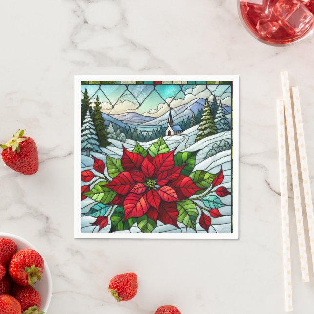 Scenic Winter Poinsettia Stained Glass Decoupage Napkin (Insitu)