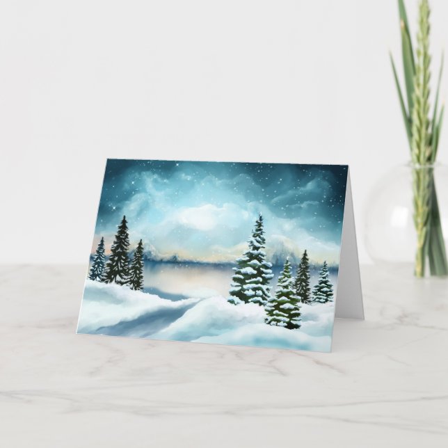 Scenic Winter Wonderland Watercolor Christmas Card (Front)