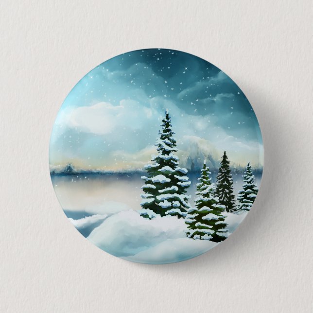 Scenic Winter Wonderland Watercolor Painting 6 Cm Round Badge (Front)