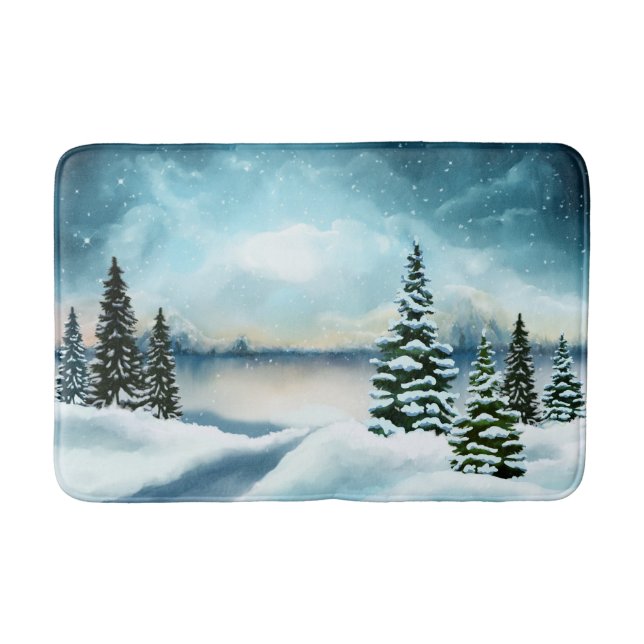 Scenic Winter Wonderland Watercolor Painting Bath Mat (Front)