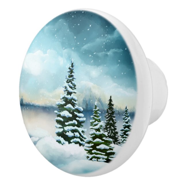 Scenic Winter Wonderland Watercolor Painting Ceramic Knob (Right)