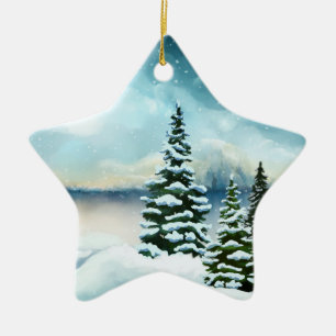 Scenic Winter Wonderland Watercolor Painting Ceramic Tree Decoration