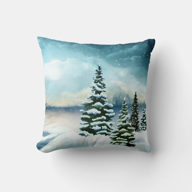 Scenic Winter Wonderland Watercolor Painting Cushion (Front)