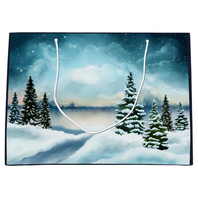 Scenic Winter Wonderland Watercolor Painting Large Gift Bag (Front)