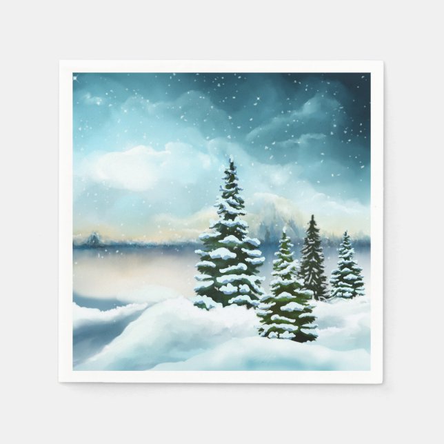 Scenic Winter Wonderland Watercolor Painting Napkin (Front)