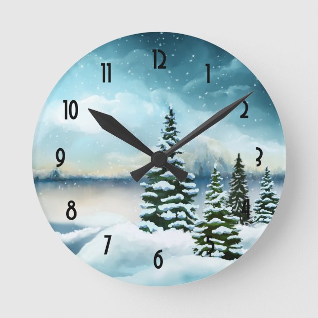 Scenic Winter Wonderland Watercolor Painting Round Clock (Front)