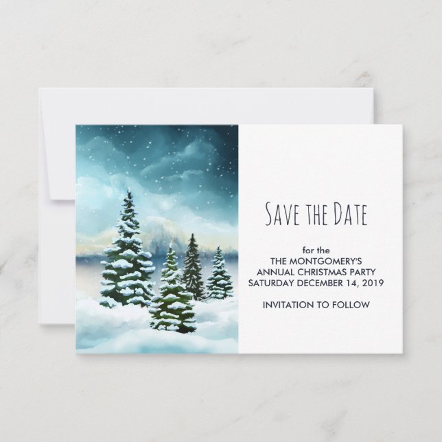 Scenic Winter Wonderland Watercolor Painting Save The Date (Front)