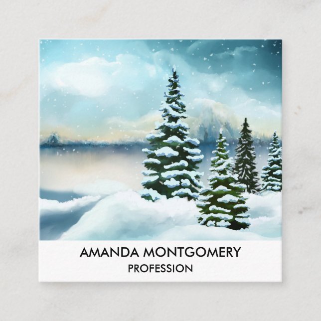 Scenic Winter Wonderland Watercolor Painting Square Business Card (Front)