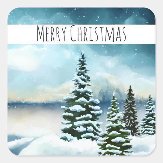 Scenic Winter Wonderland Watercolor Painting Square Sticker (Front)