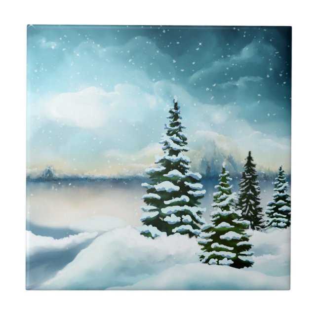 Scenic Winter Wonderland Watercolor Painting Tile (Front)