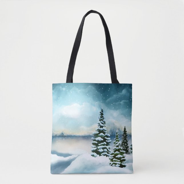 Scenic Winter Wonderland Watercolor Painting Tote Bag (Front)