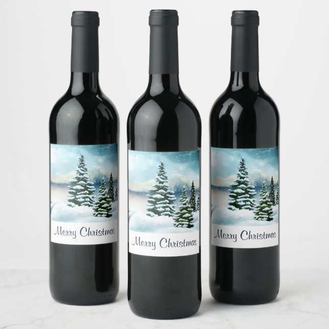 Scenic Winter Wonderland Watercolor Painting Wine Label (Bottles)