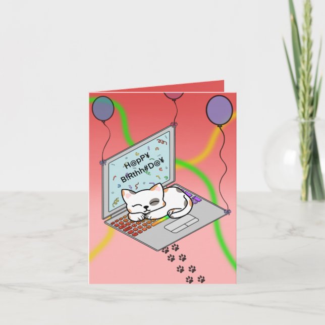 Schattige kat op laptop met slingers verjaardags holiday card (Front)