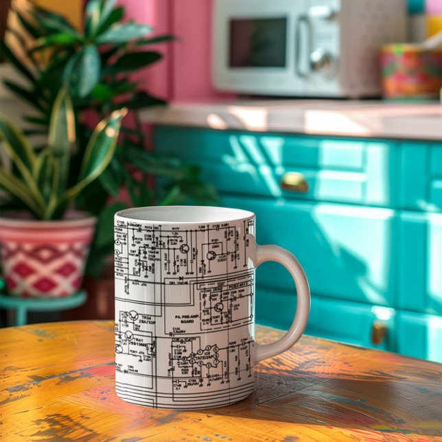 Schematic Diagram Symbols Electronic Circuit Coffee Mug (Schematic Diagram Symbols Electronic Circuit coffee mug placed over a wooden surface in a kitchen)