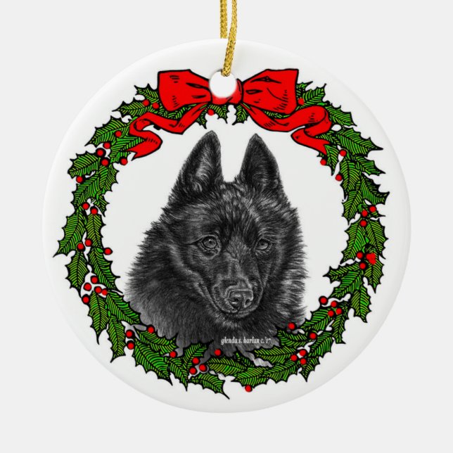 Schipperke Dog Art by Glenda S. Harlan Ceramic Tree Decoration (Front)