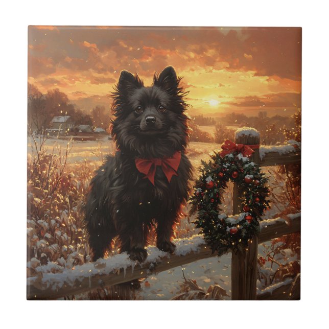 Schipperke Dog Rustic Winter Sunset Tile (Front)