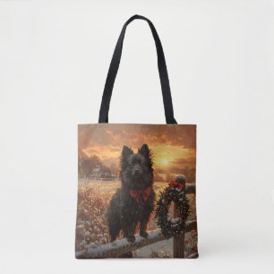 Schipperke Dog Rustic Winter Sunset Tote Bag
