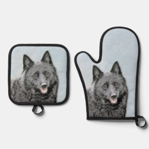 Schipperke Painting Black Cute Original Dog Art Oven Mitt & Pot Holder Set