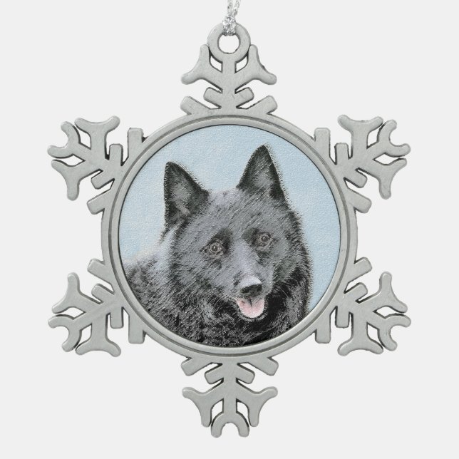 Schipperke Painting - Cute Original Dog Art Snowflake Pewter Christmas Ornament (Front)