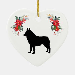 Schipperke Silhouette with Name Poinsettia Ceramic Tree Decoration