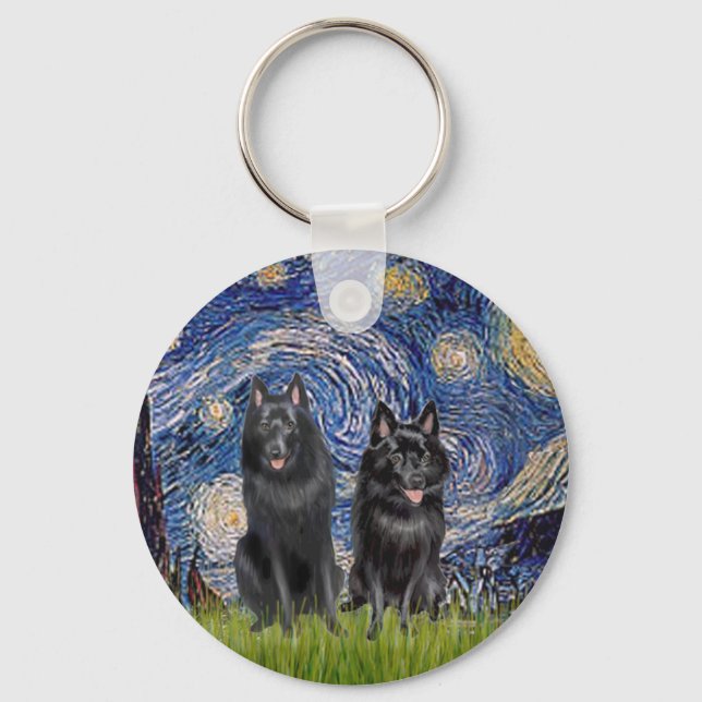 Schipperkes (two) - Starry Night Key Ring (Front)