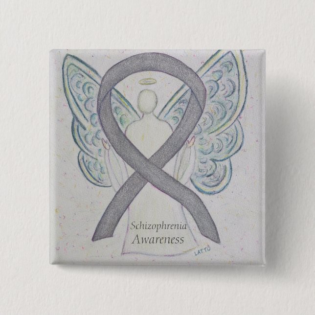 Schizophrenia Awareness Ribbon Angel Custom Pins (Front)