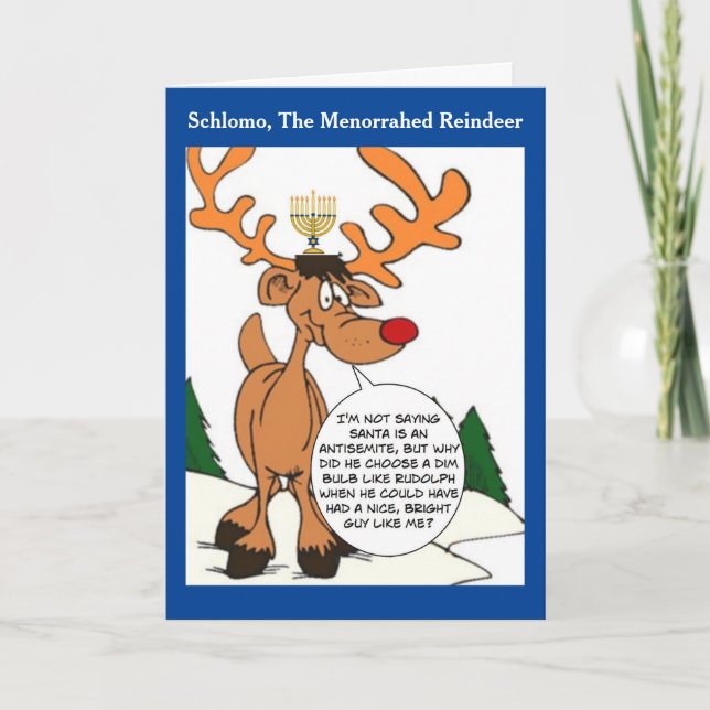 Schlomo The Menorahed Reindeer Hanukkah Card (Front)