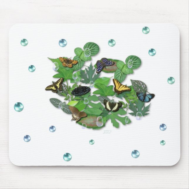Schmetterlinge mit Blätter, Regentropfen, Perlen Mouse Mat (Front)