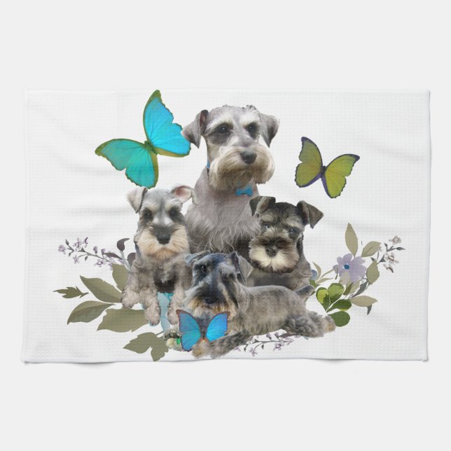 Schnauzer and Butterflies gifts and apparel Tea Towel (Horizontal)