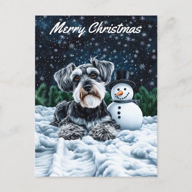 Schnauzer and Snowman Christmas Holiday Postcard (Front)