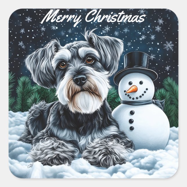 Schnauzer and Snowman Christmas Square Sticker (Front)