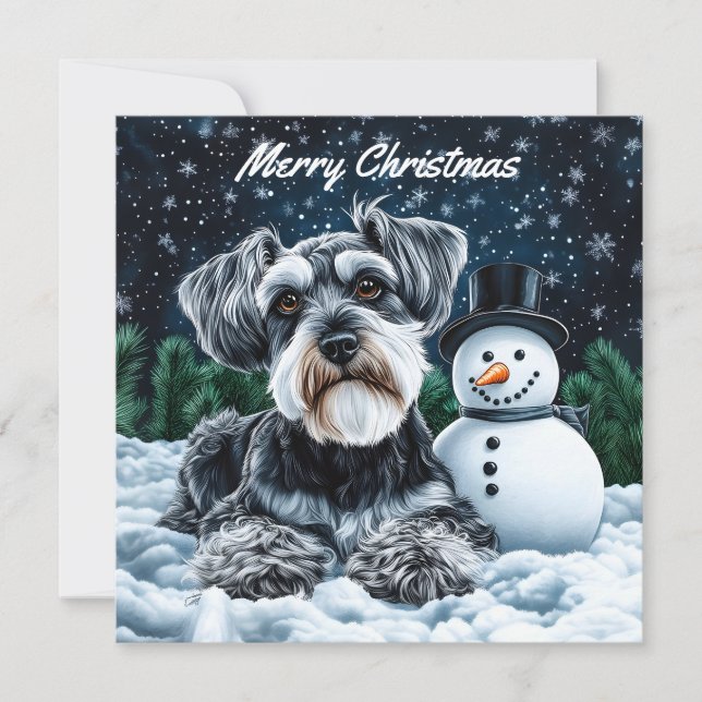 Schnauzer and Snowman Pack of Flat Christmas Card (Front)