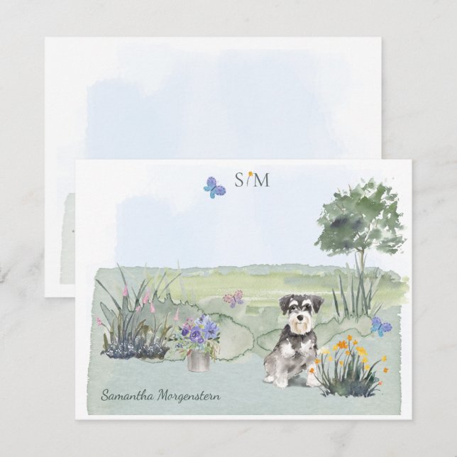 Schnauzer Butterfly Meadow  Monogram & Name      Card (Front/Back)