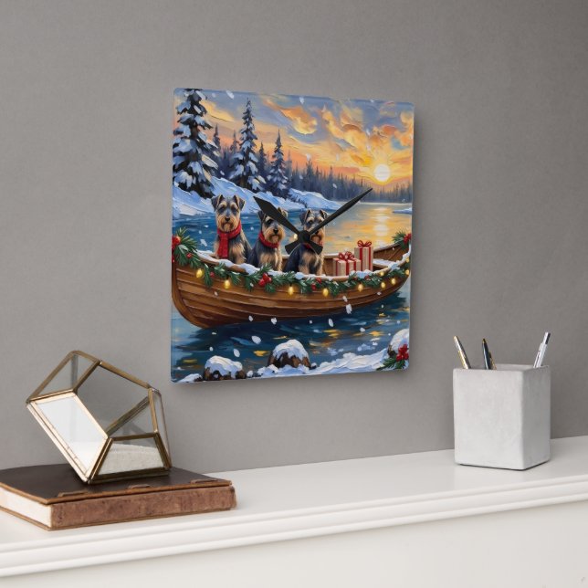 Schnauzer Christmas Boat Holiday Square Wall Clock (Office)