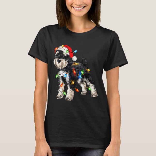 Schnauzer Christmas Dog Christmas Lights Santa Hat T-Shirt (Front)