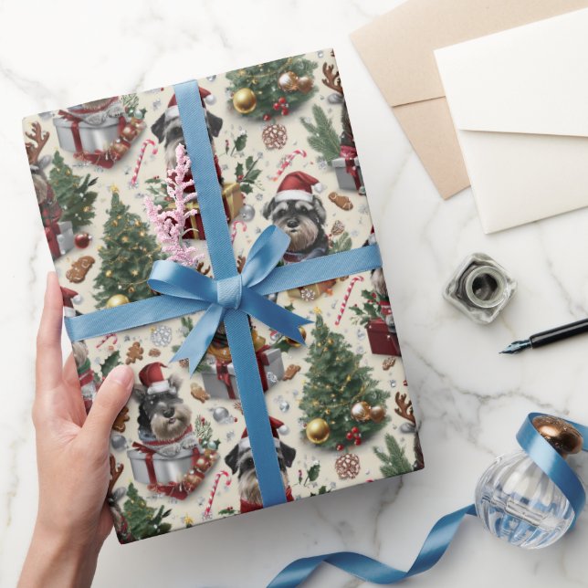 Schnauzer Christmas Holiday Pattern with Santa Hat Wrapping Paper (Gifting)