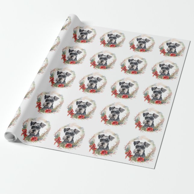 Schnauzer Christmas Wreath Festive Pup Wrapping Paper (Unrolled)