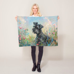 Schnauzer Colourful Wildflowers Fleece Blanket