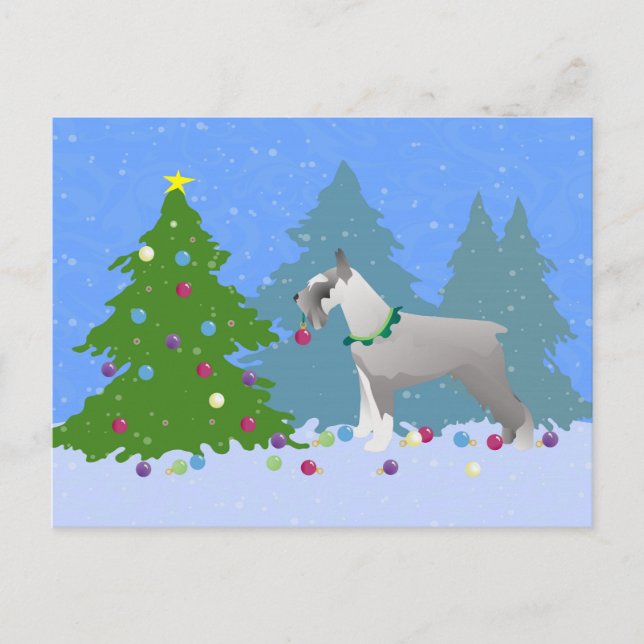 Schnauzer Decorating Christmas Tree in the forest Holiday Postcard (Front)