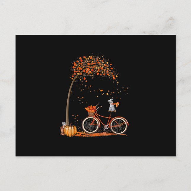 Schnauzer Dog And Pumpkins Bicycle Autumn Leaf Announcement Postcard (Front)