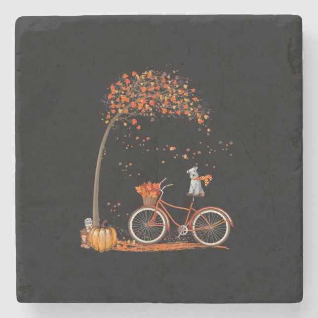 Schnauzer Dog and Pumpkins Bicycle Autumn Leaf Stone Coaster (Front)