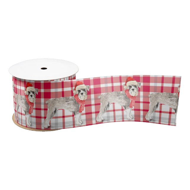 Schnauzer Dog and Red Plaid Christmas Satin Ribbon (Spool)