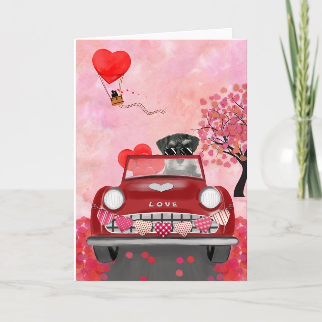 Schnauzer Dog Car with Hearts Valentine's  Card (Front)